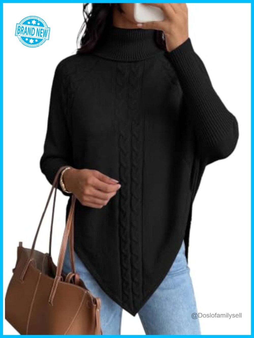 Cable Knit Turtleneck Poncho Sweater Batwing Sleeve Asymmetrical Hem
